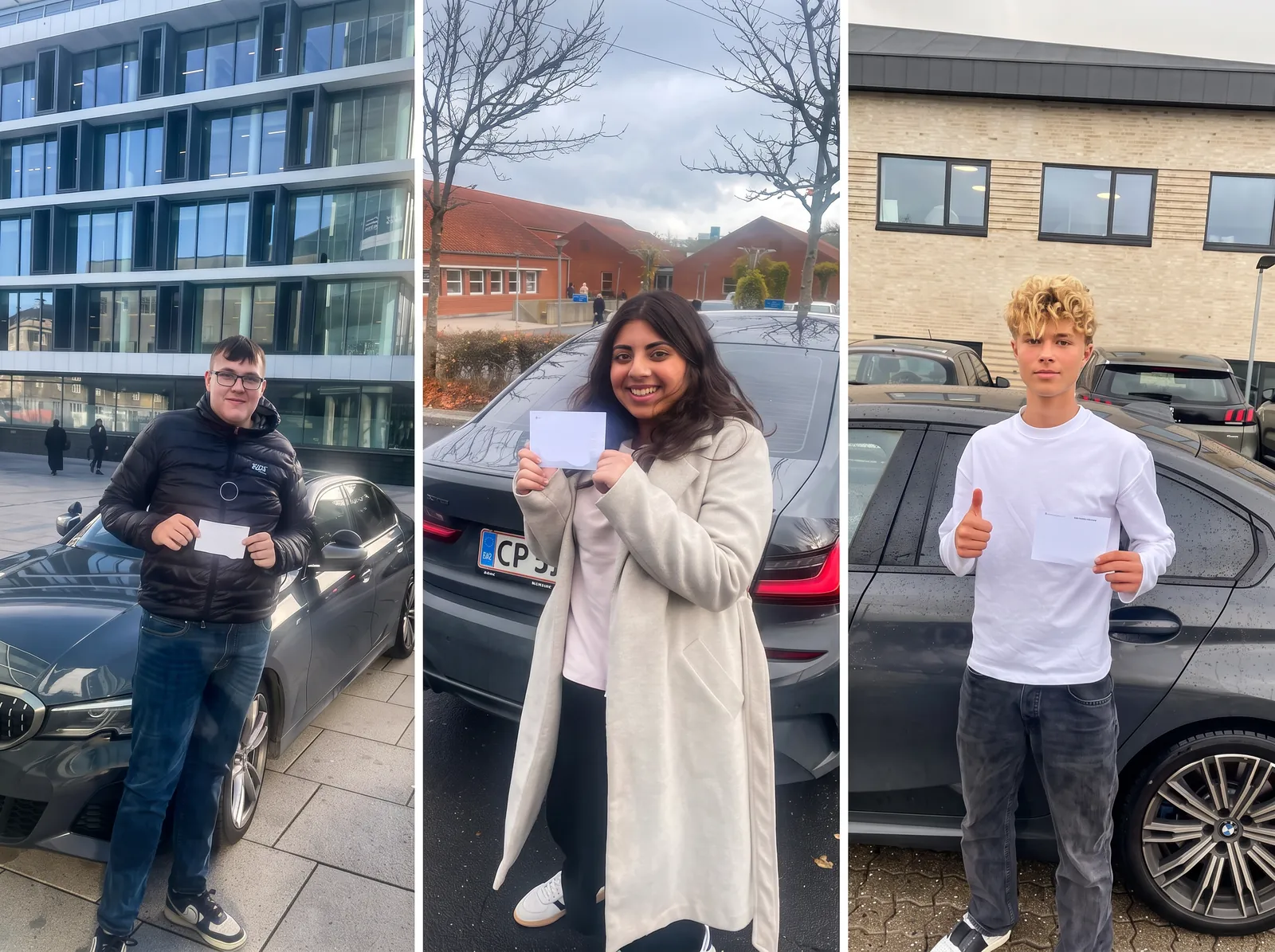 Tre glade elever fra Andinas Køreskole med beståelsesbevis foran køreskolens bil
